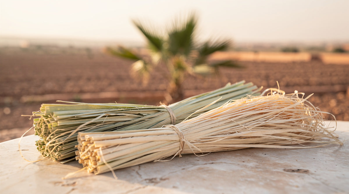 Doum palm leaves and raffia fibers drying in the sun