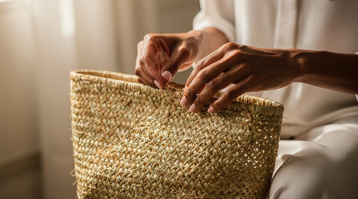 Artisan hands weaving natural doum palm fiber