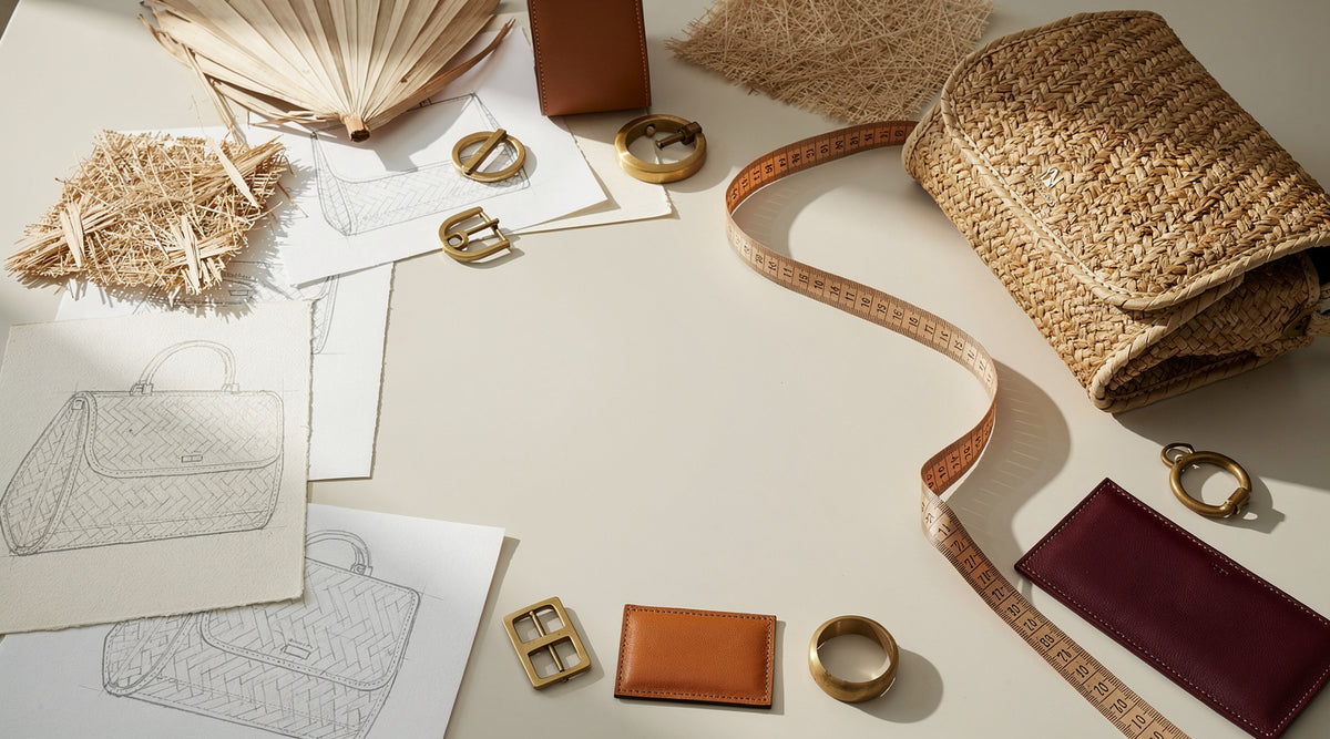 Bespoke product development table with sketches and material swatches